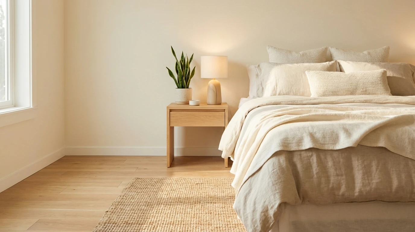 Dormitorio principal despejado y staged con tonos neutros y planta en maceta