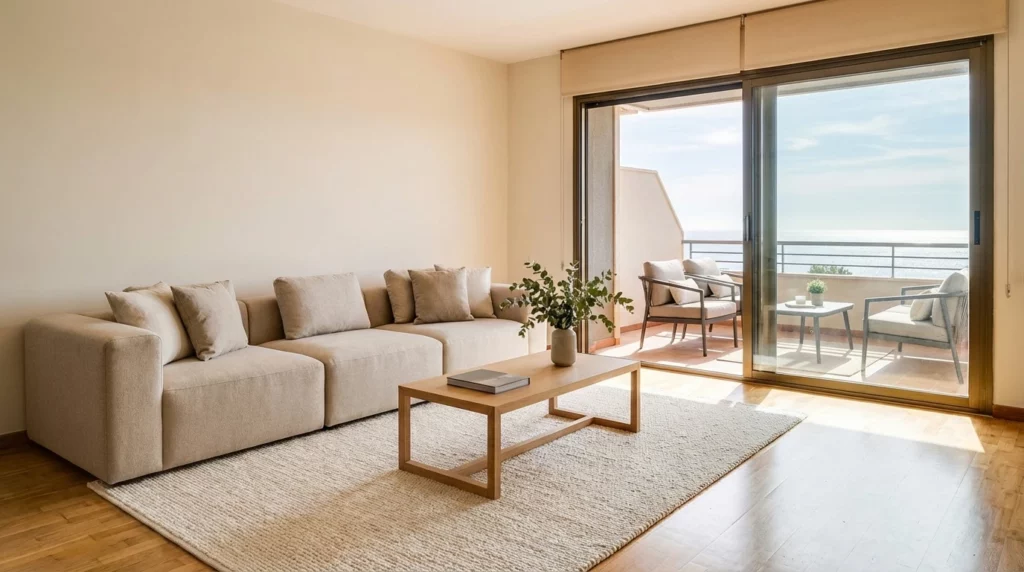 Salon Luminoso Preparado Con Home Staging Y Terraza Con Vista Parcial Al Mar En La Costa Del Sol