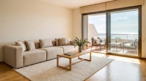 Salon Luminoso Preparado Con Home Staging Y Terraza Con Vista Parcial Al Mar En La Costa Del Sol