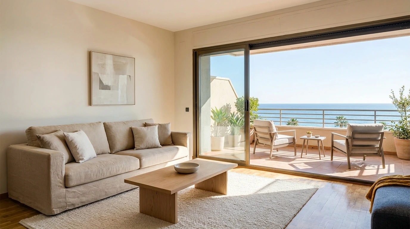 Salon Luminoso Y Despersonalizado Con Terraza Y Vista Parcial Al Mar En La Costa Del Sol