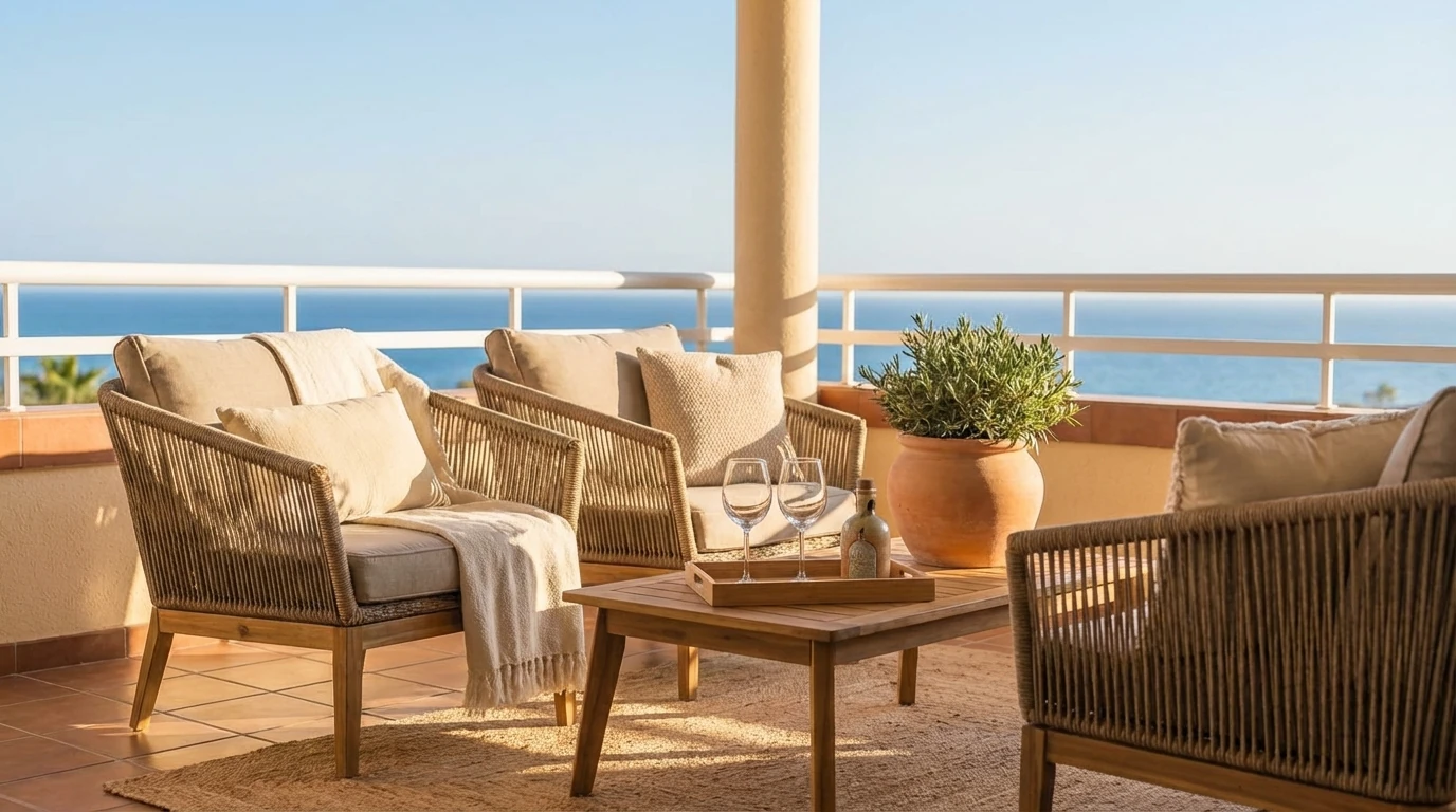 Terraza acondicionada con mobiliario exterior y vista parcial al mar en la Costa del Sol