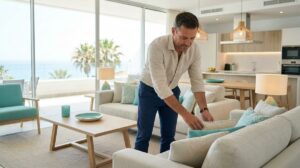 Anfitrion Profesional Preparando El Salon Luminoso De Un Apartamento Turistico Con Vistas Al Mar En La Costa Del Sol