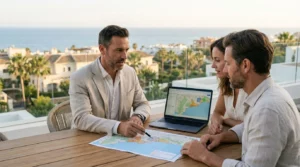 Asesor Inmobiliario Mostrando A Una Pareja Un Mapa De Zonas De La Costa Del Sol En Una Terraza Con Vistas Al Mar