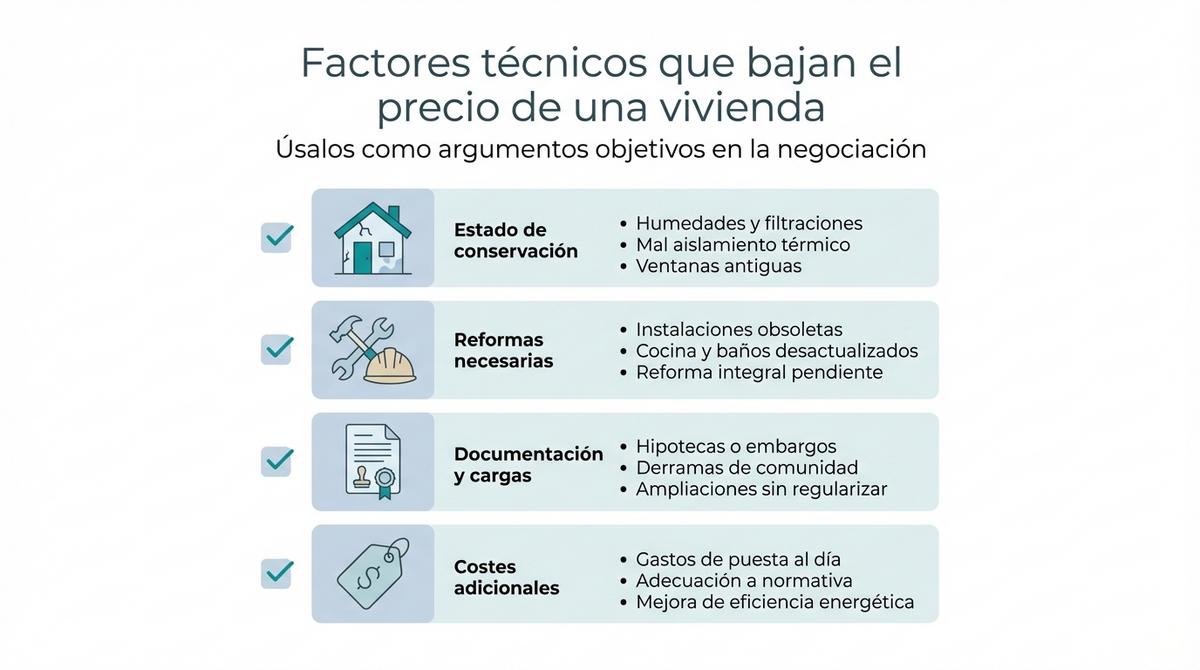 Checklist visual con factores técnicos que permiten negociar a la baja el precio de una vivienda