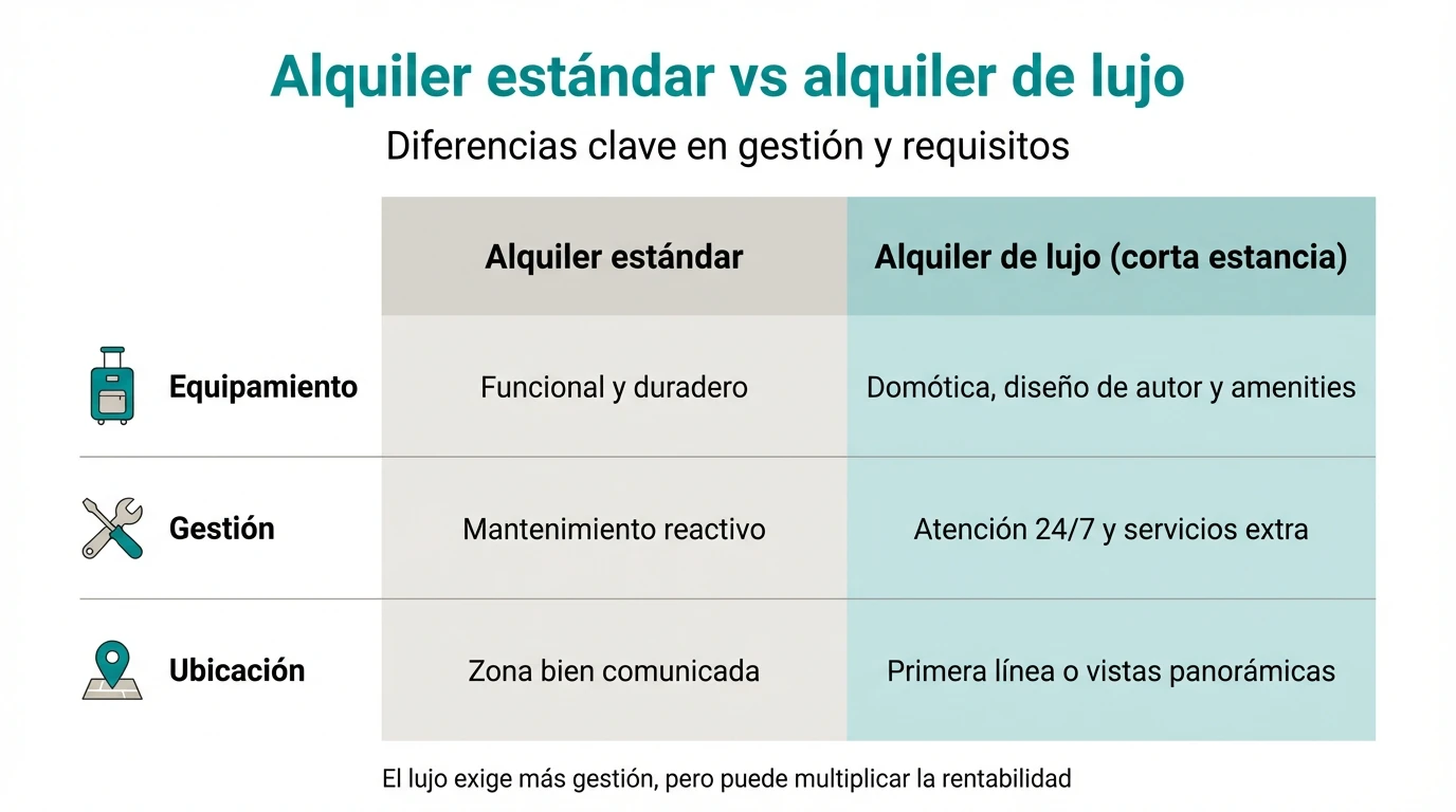 Infografía que compara el alquiler estándar con el alquiler de lujo de corta estancia