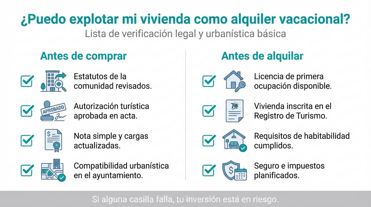 Checklist visual con pasos legales y urbanísticos para usar una vivienda como alquiler vacacional.