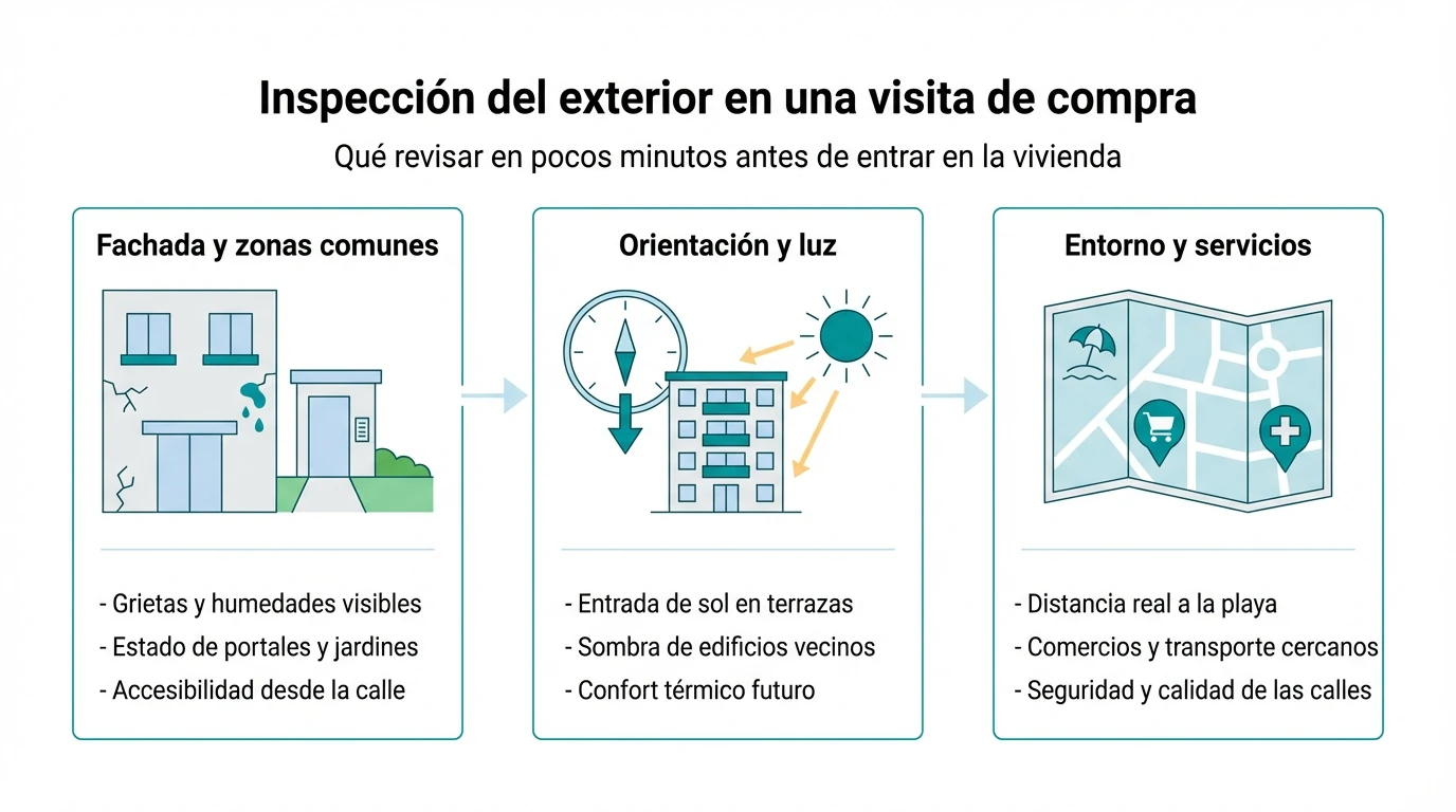 Diagrama con bloques que resumen la inspección del exterior de una vivienda antes de comprar