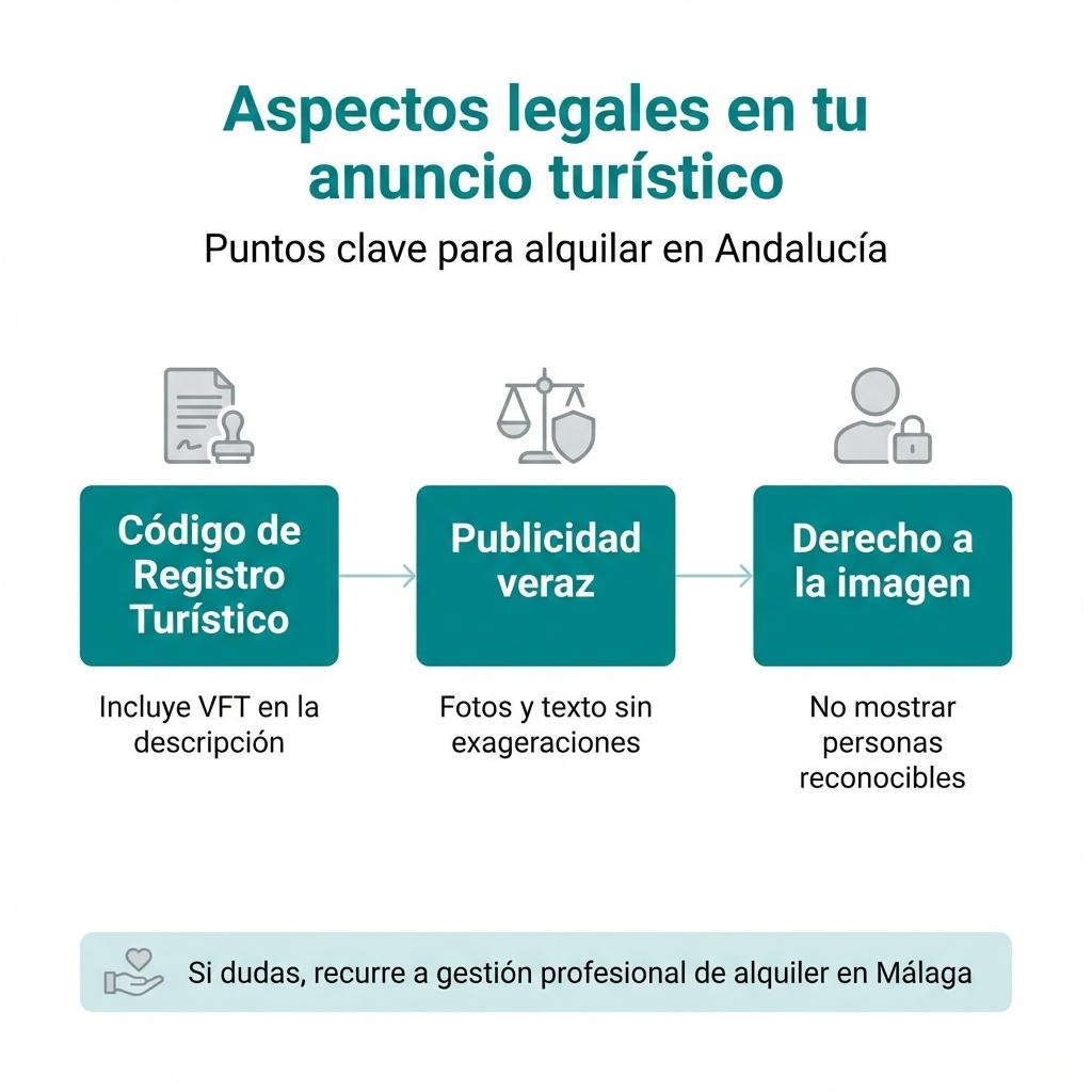 Diagrama con tres bloques que resumen los requisitos legales básicos para anuncios turísticos en Andalucía.