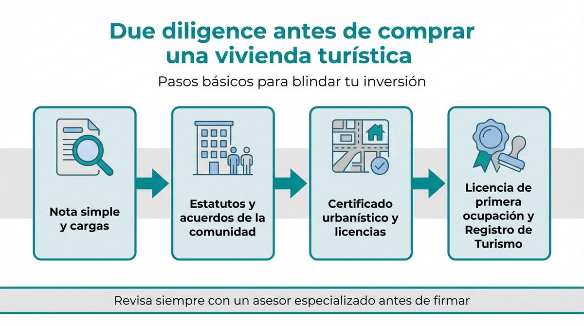 Diagrama de flujo con los pasos principales de la due diligence antes de comprar una vivienda turística.