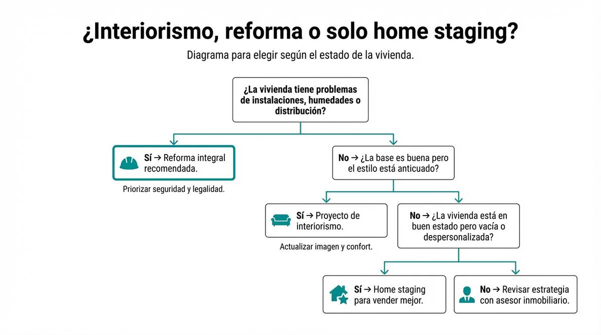 Diagrama de flujo que ayuda a decidir entre reforma integral, interiorismo o home staging según el estado de la vivienda