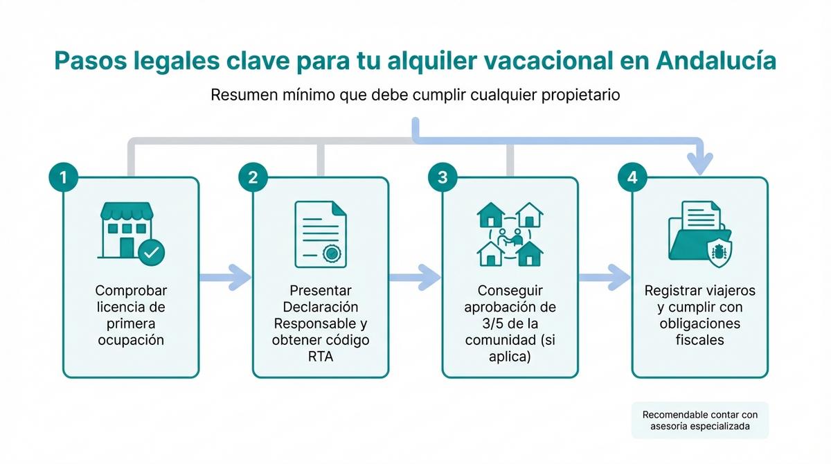 Diagrama de los pasos legales básicos para registrar y gestionar un alquiler vacacional en Andalucía.