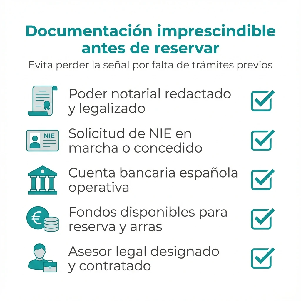 Diagrama en forma de checklist con la documentación imprescindible antes de reservar una vivienda en España.