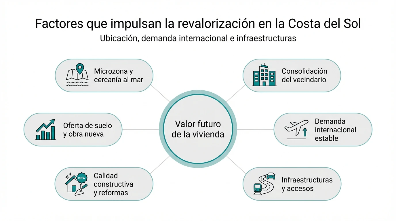Diagrama radial con los factores clave que influyen en el valor futuro de una vivienda en la Costa del Sol.