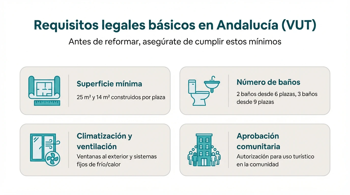 Diagrama tipo checklist con los requisitos legales y técnicos mínimos para una vivienda de uso turístico en Andalucía.