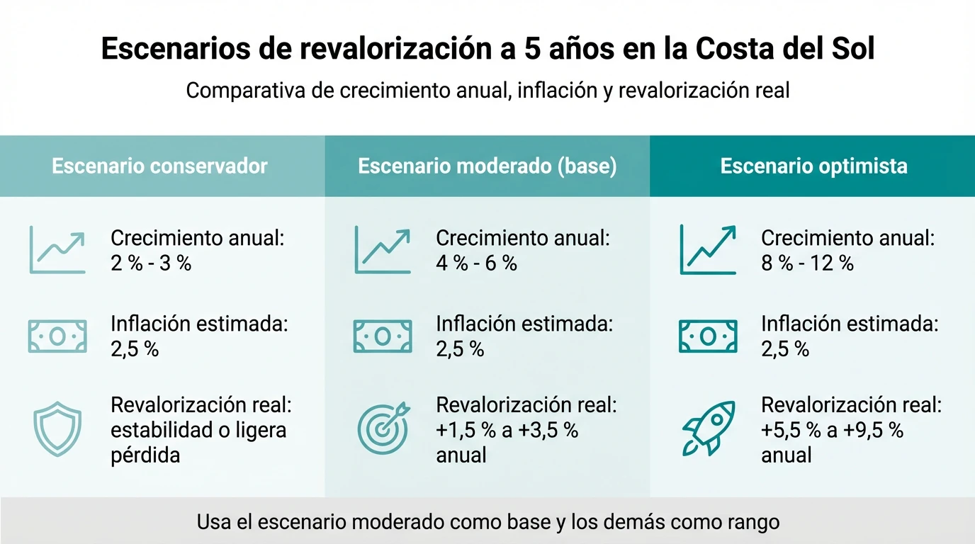 Infografía comparando tres escenarios de revalorización a cinco años con crecimiento anual, inflación y revalorización real.