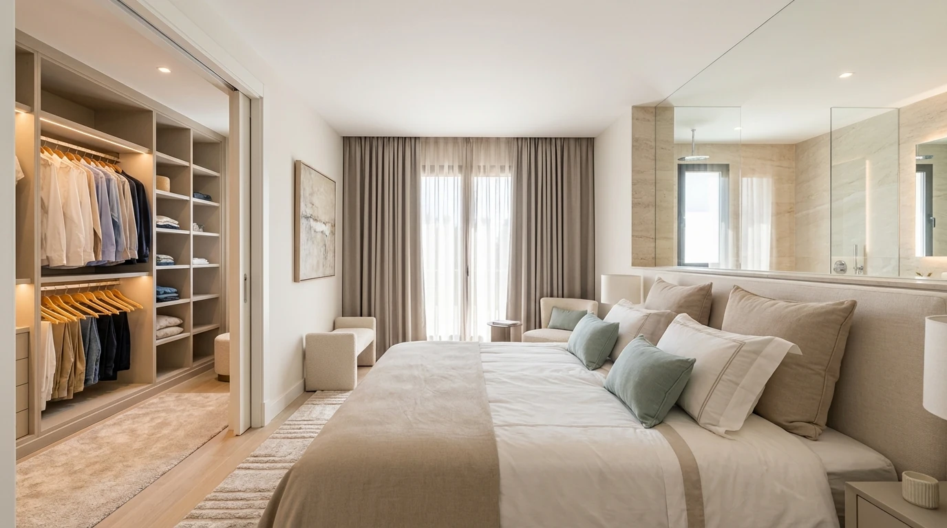 Dormitorio principal de lujo con cama king size, baño en suite y vestidor iluminado en vivienda reformada.