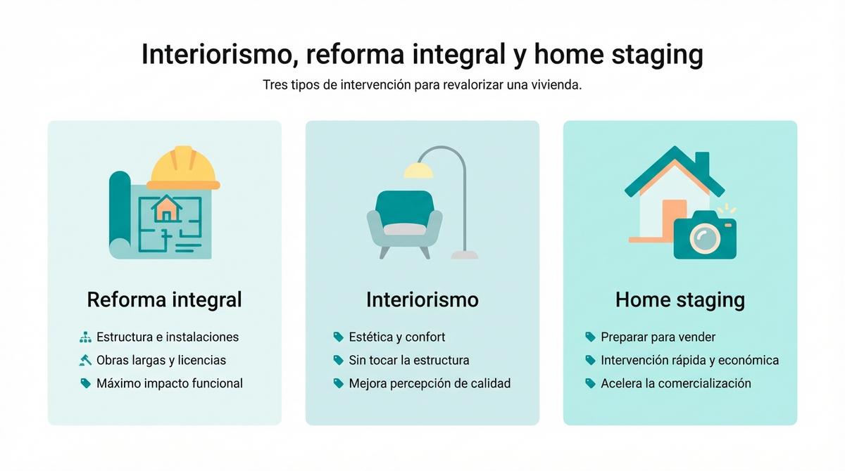 Infografía comparativa entre reforma integral, interiorismo y home staging para una vivienda