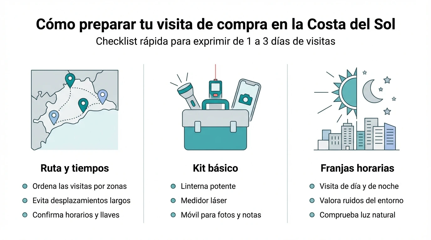Infografía con checklist para preparar una visita de compra en la Costa del Sol