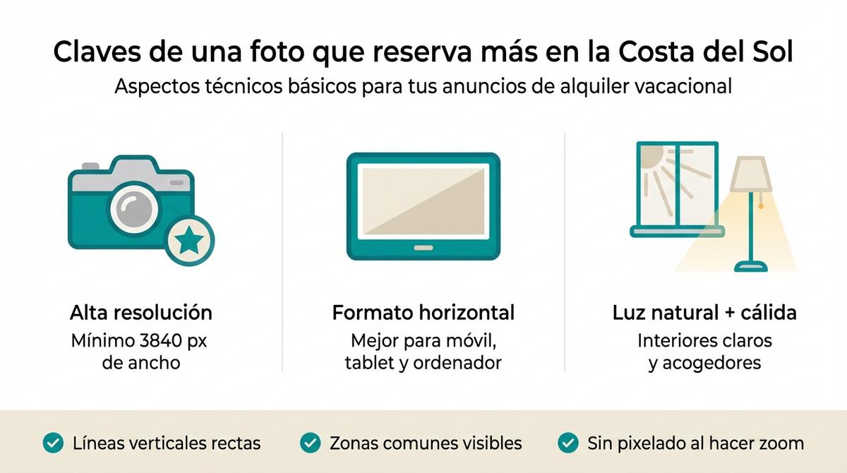 Infografía con claves técnicas para mejorar las fotos de un anuncio de alquiler vacacional en la Costa del Sol.