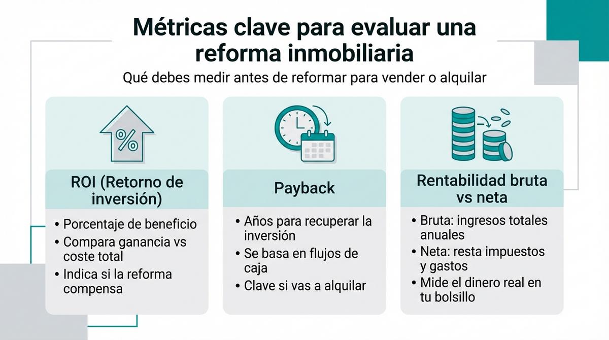 Infografía con ejemplos de cálculo del ROI de una reforma para venta y para alquiler.