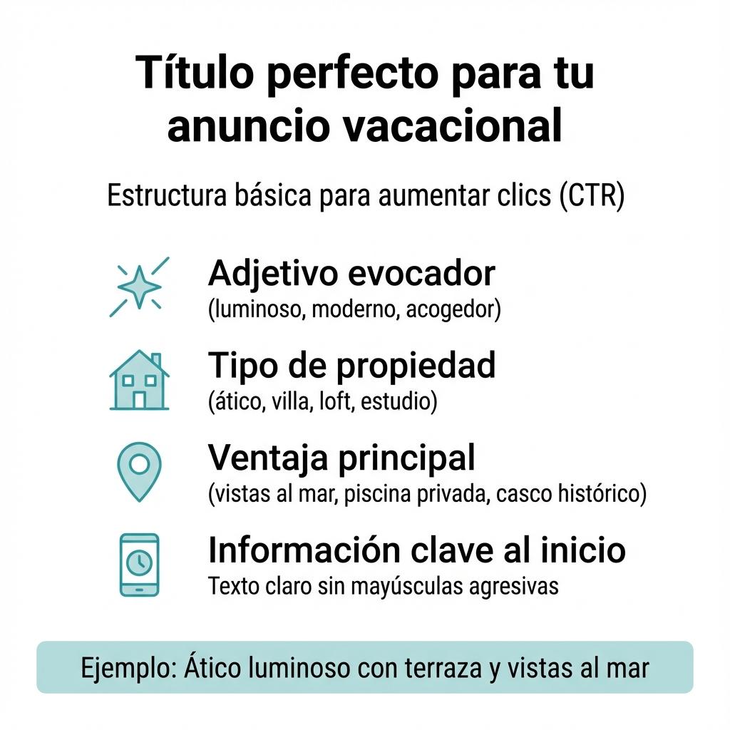 Infografía con la estructura recomendada para crear títulos efectivos en anuncios de alquiler vacacional.