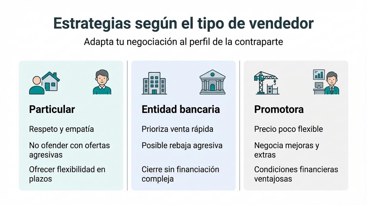 Infografía con un ejemplo numérico de negociación del precio de una vivienda desde el precio inicial hasta el acuerdo final