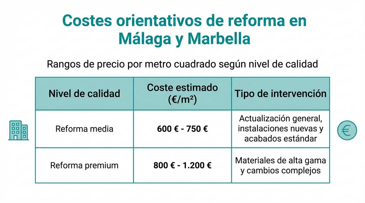 Infografía con una tabla que muestra los rangos de precios por metro cuadrado de reformas media y premium en Málaga y Marbella