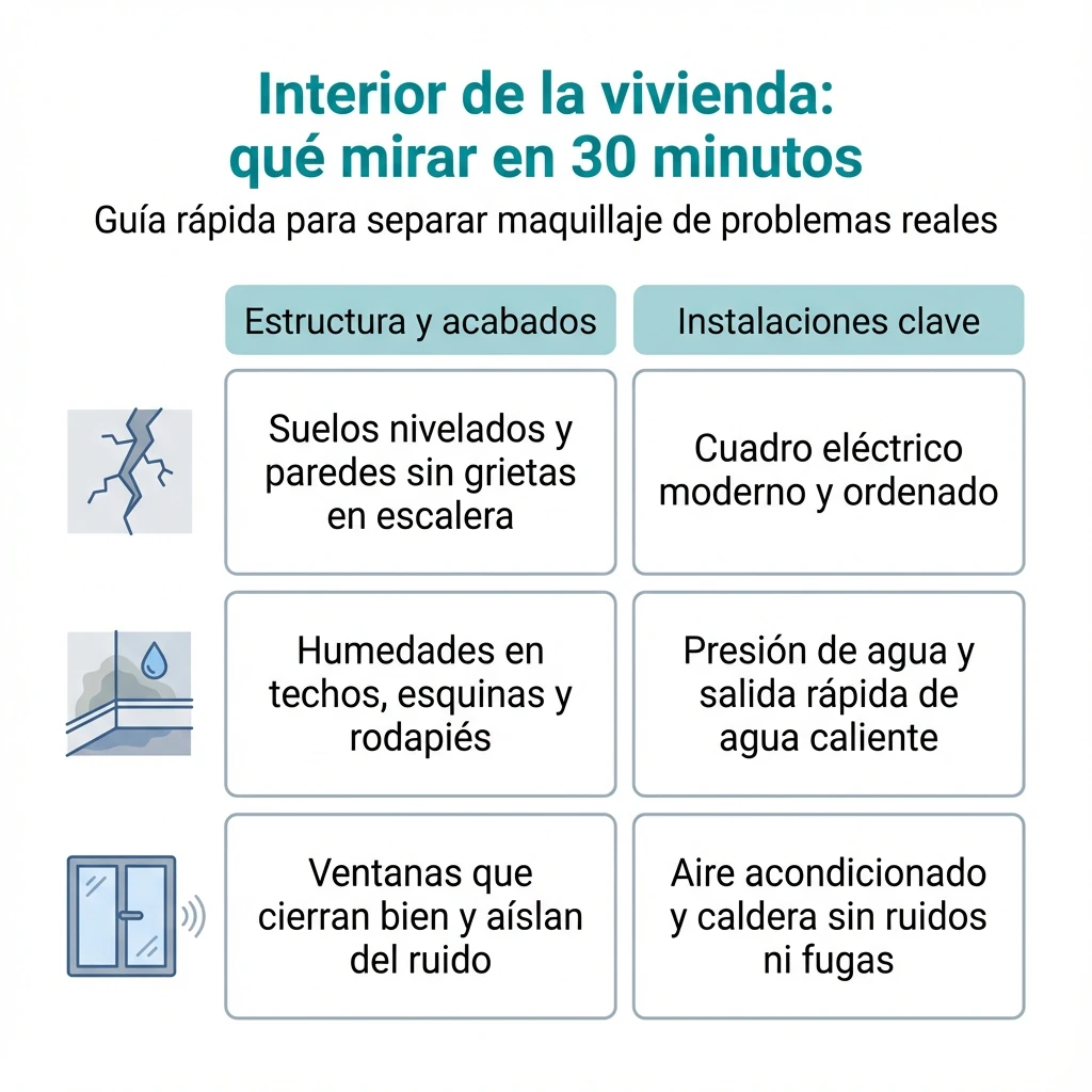 Infografía en forma de matriz con puntos clave para revisar el interior de una vivienda antes de comprar