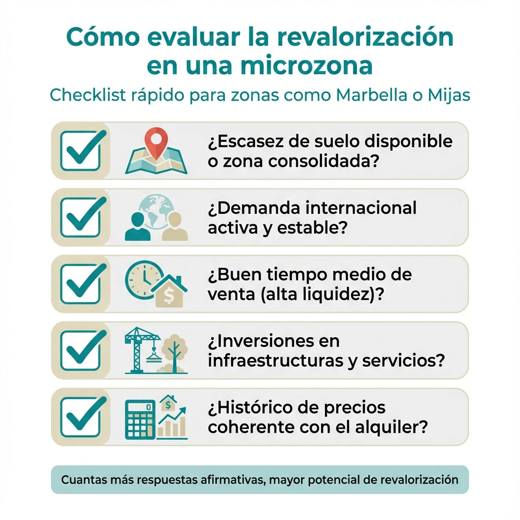 Infografía en formato checklist con criterios para evaluar la revalorización en microzonas como Marbella y Mijas.