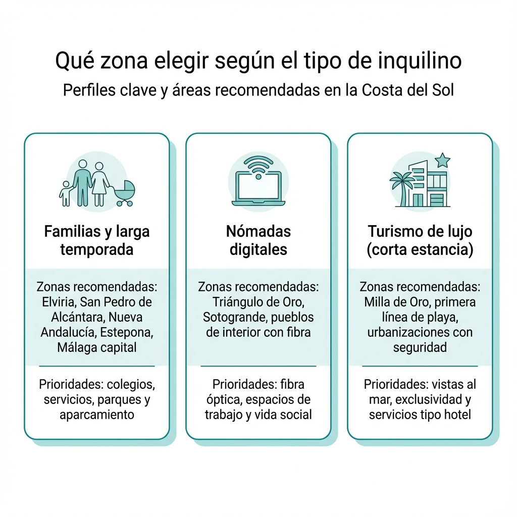Diagrama que relaciona tipos de inquilino con zonas recomendadas en la Costa del Sol