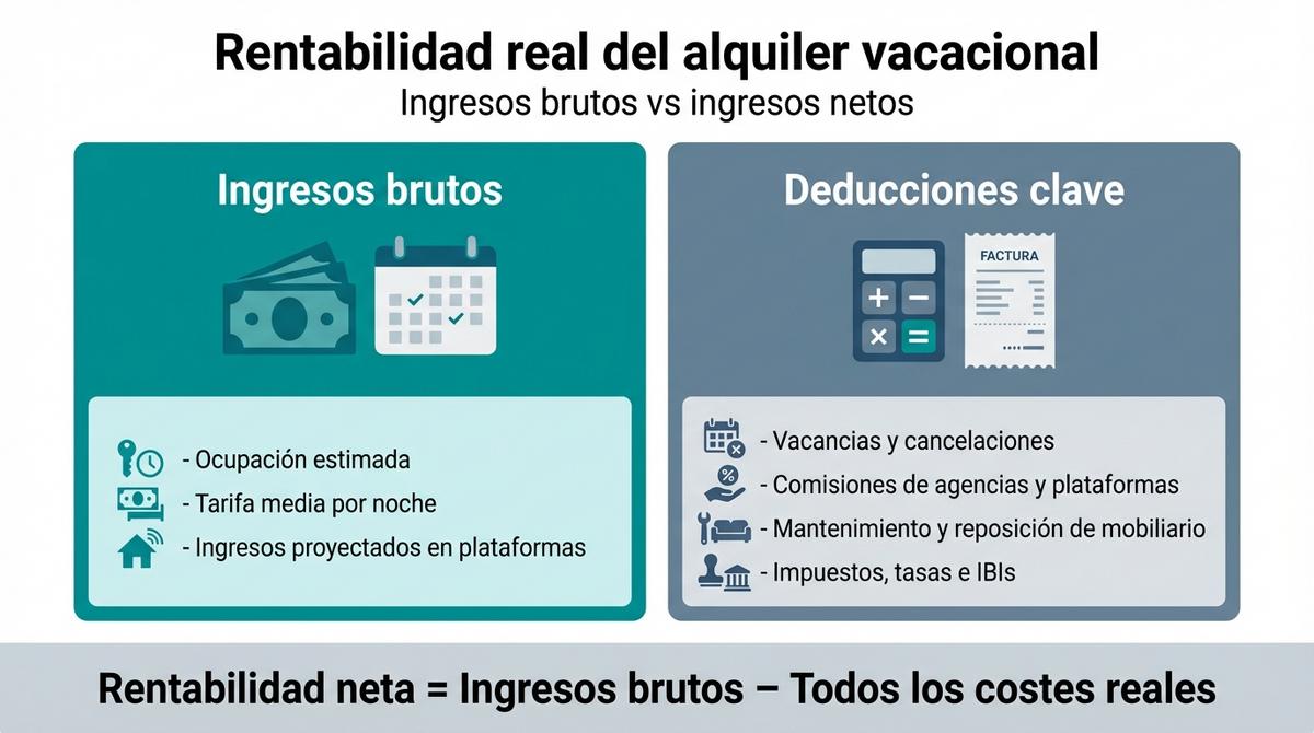 Infografía que compara ingresos brutos y netos en una inversión de alquiler vacacional.