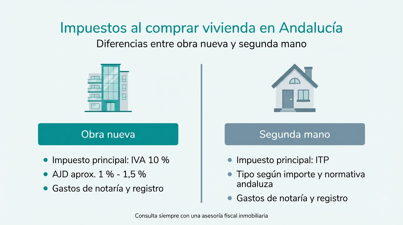 Infografía que compara los impuestos de comprar vivienda de obra nueva y de segunda mano en Andalucía.