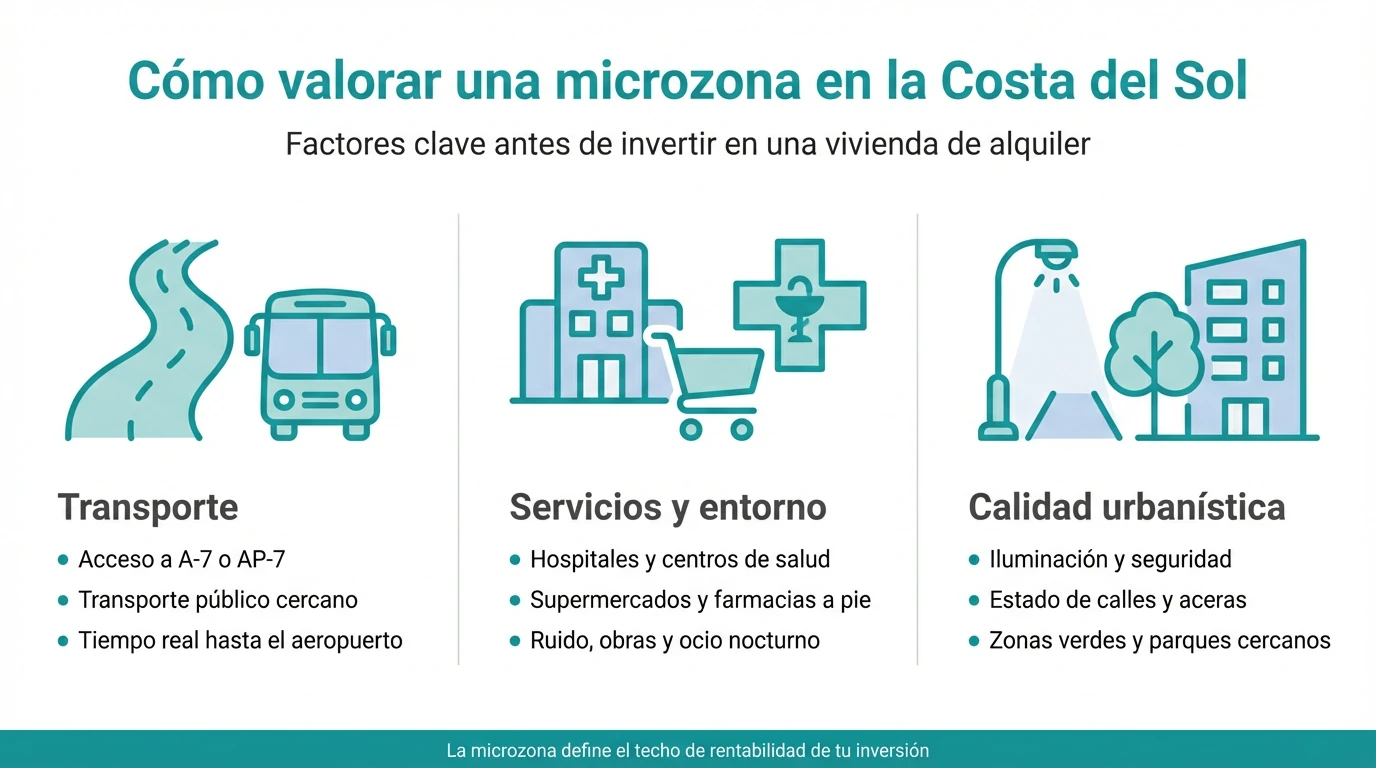 Infografía que resume los factores clave para analizar una microzona inmobiliaria en la Costa del Sol