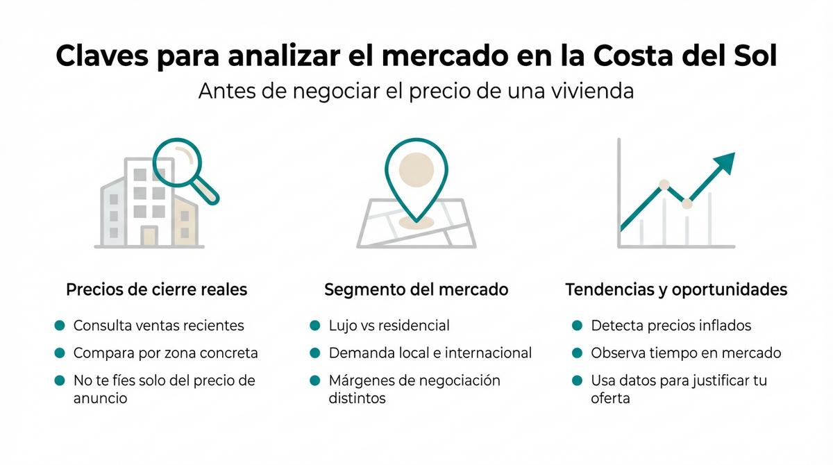 Infografía sobre claves para analizar el mercado inmobiliario en la Costa del Sol antes de negociar el precio de una vivienda