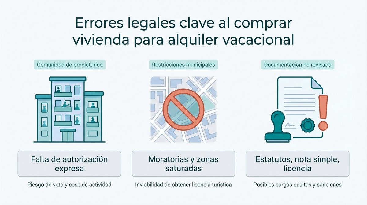 Infografía sobre errores legales habituales al comprar una vivienda para alquiler vacacional.