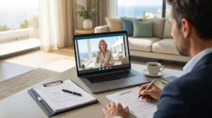 Inversor Internacional En Videollamada Con Un Asesor Inmobiliario Desde El Salon De Su Casa Revisando Documentos De Compra De Vivienda En La Costa Del Sol