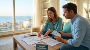 Pareja De Inversores Revisando Documentos Inmobiliarios Y Planos En El Salon De Un Apartamento Moderno Con Vistas A La Costa Del Sol