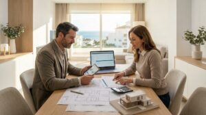 Pareja De Inversores Revisando En Una Mesa Los Numeros De Una Reforma Inmobiliaria Con Vistas Al Mar En La Costa Del Sol