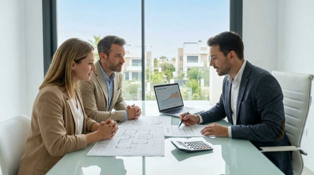 Pareja Negociando El Precio De Una Vivienda Con Un Asesor Inmobiliario Frente A Documentos Y Planos En Una Oficina Luminosa En La Costa Del Sol