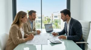 Pareja Negociando El Precio De Una Vivienda Con Un Asesor Inmobiliario Frente A Documentos Y Planos En Una Oficina Luminosa En La Costa Del Sol