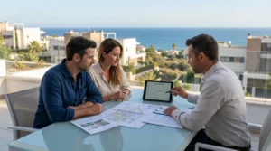 Pareja Reunida Con Un Asesor Inmobiliario Revisando Planos Y Graficos De Precios En Una Terraza Con Vistas Al Mar En La Costa Del Sol