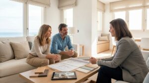 Pareja Reunida Con Un Asesor Inmobiliario Revisando Planos Y Opciones De Reforma E Interiorismo En Un Salon Luminoso Con Vistas Al Mar En La Costa Del Sol