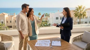 Pareja Revisando Con Un Asesor Inmobiliario Un Plano De Visitas En La Terraza De Un Piso Con Vistas Al Mar En La Costa Del Sol