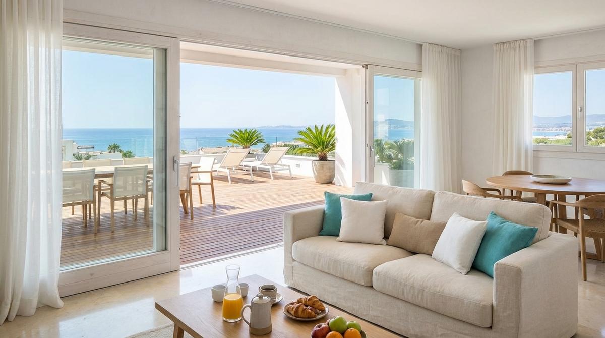Salón-comedor luminoso de un apartamento vacacional con terraza y vistas parciales al mar en la Costa del Sol.