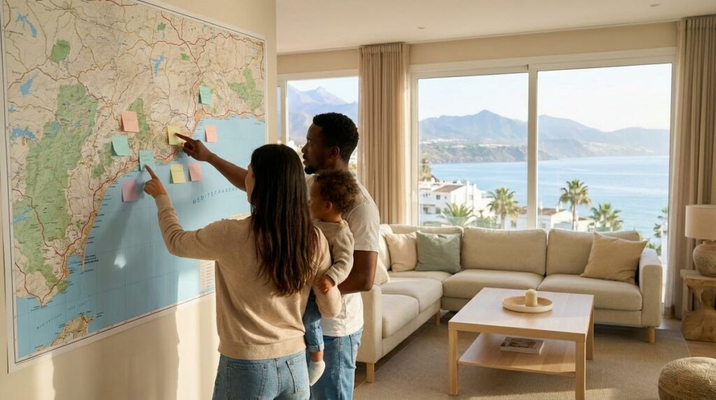 Familia Analizando Un Mapa De La Costa Del Sol En El Salon De Una Vivienda Luminosa Con Vistas Al Mar