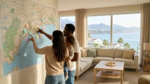 Familia Analizando Un Mapa De La Costa Del Sol En El Salon De Una Vivienda Luminosa Con Vistas Al Mar