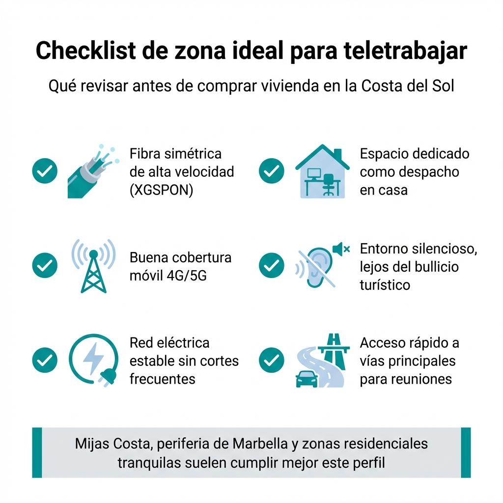 Infografía con checklist visual de requisitos para elegir una zona ideal para teletrabajar en la Costa del Sol