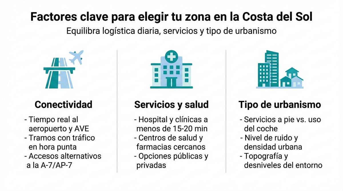 Infografía con tres columnas que resume conectividad, servicios de salud y tipo de urbanismo al elegir zona en la Costa del Sol