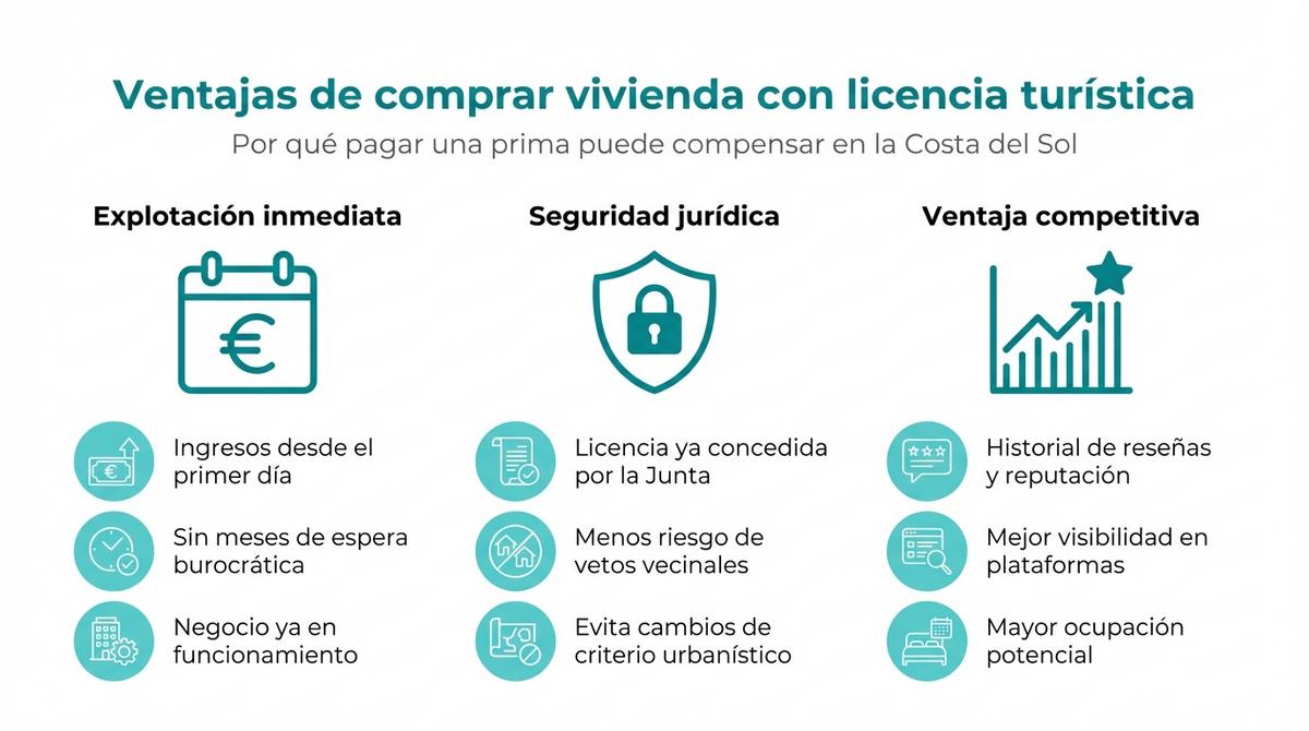 Infografía con tres columnas que resumen las principales ventajas de comprar una vivienda con licencia turística