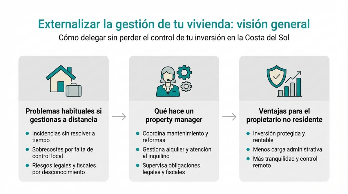 Infografía sobre las áreas clave a delegar en la gestión técnica y comercial de una vivienda